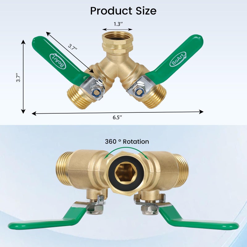 BoArt Brass Garden Hose Splitter 2 Way Heavy Duty  Y Valve Hose Splitter With Stainless Steel Long Handle  3/4"" GHT Thread Y Valve Water Garden Hose Tap Adapter - Image 3